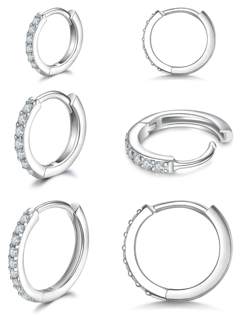 3 Pairs 925 Sterling Silver Small Hoop Earrings Cubic Zirconia Hypoallergenic